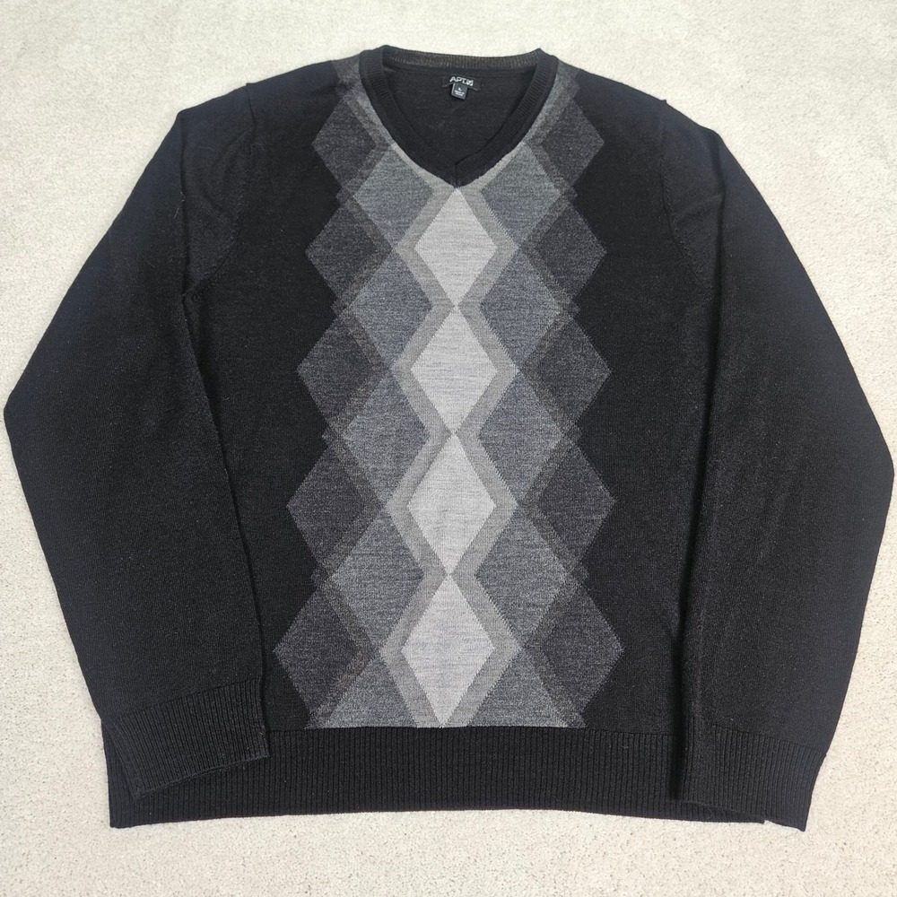 Men's Argyle Sweater‎ Large Black Grey Merino Wool Blend V-Neck Knit Ivy League